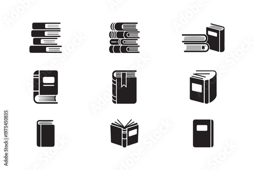Grid of nine simple black icons showcasing different representations of books study materials