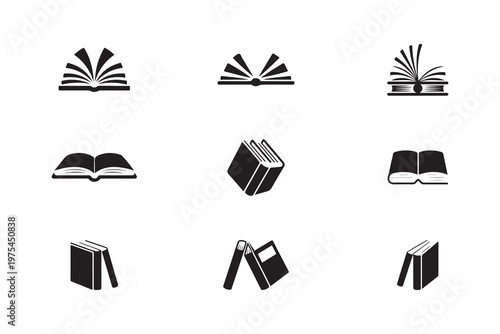 Set of nine black and white icons representing different book and reading illustrations