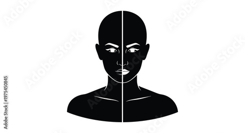 Minimalist vector illustration of a human face divided by a vertical line, representing duality, balance, or symmetry