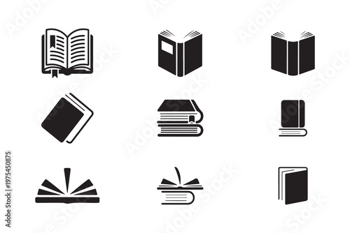 Bundle of nine distinct black icons representing books in stacks open positions and single volumes