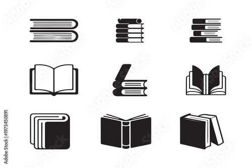 Nine black icons of books showing different orientations and styles on white background