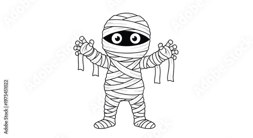 Adorable cartoon mummy character wrapped in white bandages with arms reaching out for a friendly halloween themed illustration.