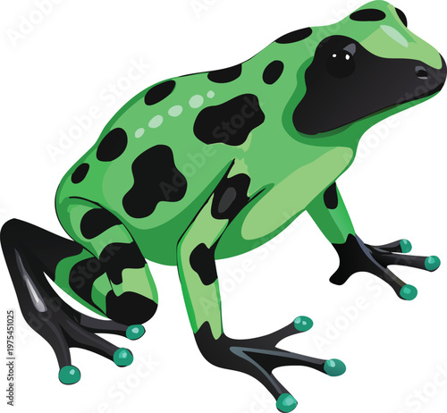 A vibrant green and black poison dart frog sits attentively