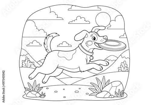 Happy dog playing with a frisbee in a park, coloring page for children, cute puppy running outdoors with a flying disc, line art illustration