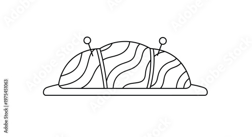 Simple line drawing of a pincushion with two pins stuck into it representing sewing tools and tailoring supplies for craft projects.