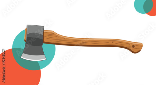 Traditional hand axe featuring a sharp metal head and a curved wooden handle set against a modern abstract background.