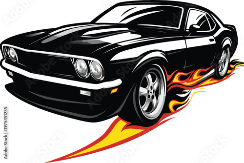 Sleek black muscle car illustrated with dynamic flame trails