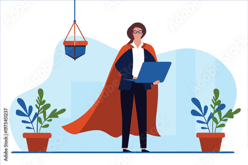 Superwoman professional works diligently on her laptop with confidence