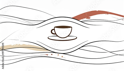 Coffee cup centered in a minimalist artistic landscape design.