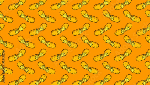 Mozzarella Sticks Pattern Design. Seamless Fried Cheese Illustration. Crispy Snack Repeating Motif. Handdrawn Fast Food Style. Background For Packaging Textile.