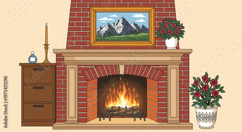 Cozy living room interior featuring a warm brick fireplace with a roaring fire, potted plants, and a landscape painting.