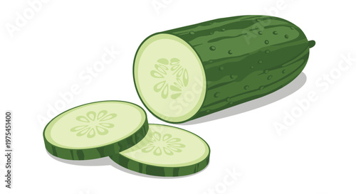 Fresh green cucumber shown as a whole vegetable with two crisp slices positioned next to it for a healthy food theme.