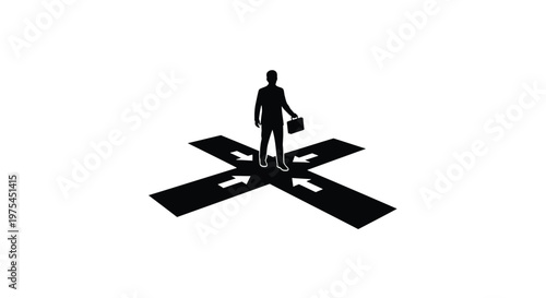 Businessman standing at a crossroads with arrows pointing in different directions, representing decision making, career choices, business strategy, and professional path selection