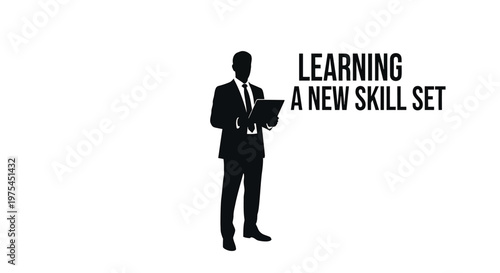 Silhouette of a businessman holding a tablet, learning a new skill set, professional development and corporate training concept