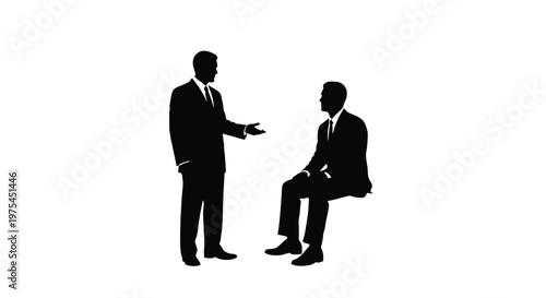 Silhouette of two businessmen in suits, one standing and gesturing while talking to the other who is sitting