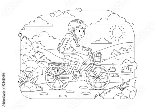 A happy child wearing a helmet and backpack riding a bicycle on a scenic path with hills, trees, and a sun in the sky, black and white coloring page for kids