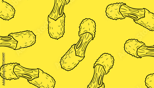 Mozzarella Sticks Pattern Design. Seamless Fried Cheese Illustration. Crispy Snack Repeating Motif. Handdrawn Fast Food Style. Background For Packaging Textile.