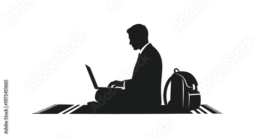 Silhouette of a businessman sitting on a rug with a laptop and backpack, representing digital nomad lifestyle, remote work, and modern travel business concept