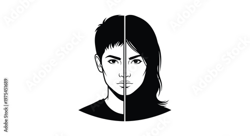 Split face portrait of a person showing masculine and feminine features, gender identity concept, black and white illustration