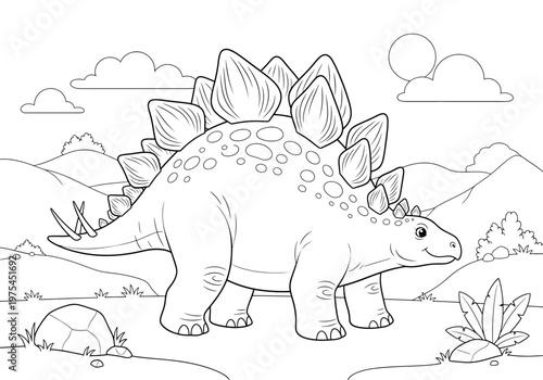 Coloring page for children with a cute stegosaurus dinosaur in a prehistoric landscape with mountains, clouds, and plants, black and white vector illustration