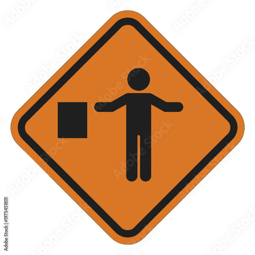 Warning, construction road sign with thick black border, a person holding a flag with one arm outstretched, signaling stop or proceed, clear safety pictogram for traffic control, 