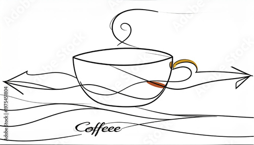 Coffee Cup Illustration with Arrows and Steam, Minimalist Design.