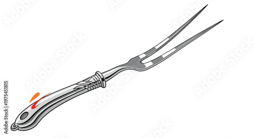 Long stainless steel meat fork with two sharp prongs and a decorative handle used for carving and serving roasts.
