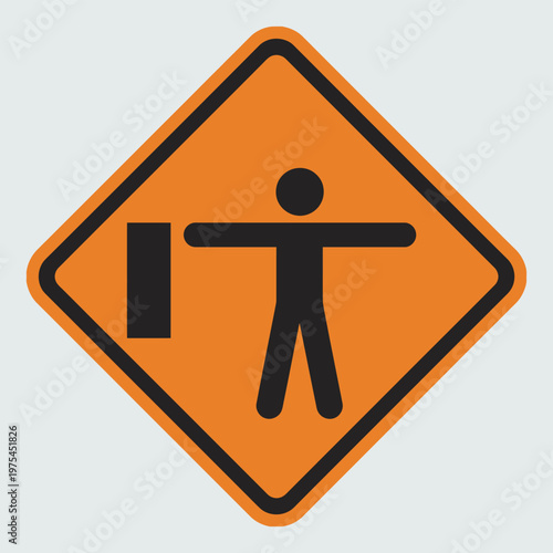 Warning, construction road sign with thick black border, a person holding a flag with one arm outstretched, signaling stop or proceed, clear safety pictogram for traffic control, 