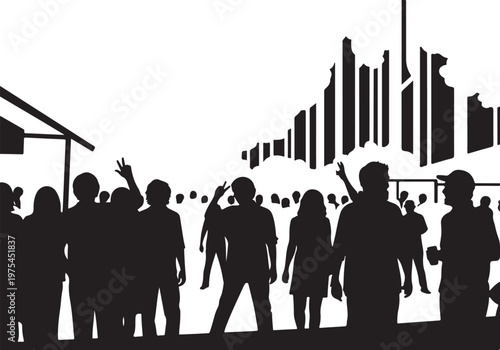 Silhouetted crowd gathered against a city skyline under a bright sky