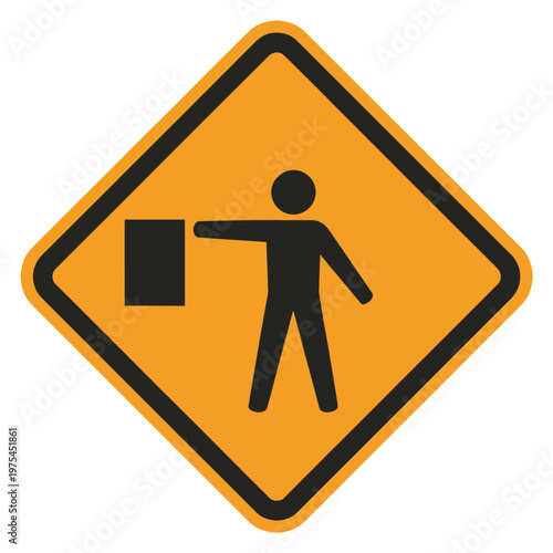 Warning, roadside work symbol featuring a flag holder directing movement, thick bordered caution sign, minimal vector icon of a person gesturing with extended arm, representing controlled access, 