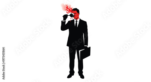 Businessman looking through a magnifying glass at his own head which is smoking and bleeding, conceptual illustration of burnout, stress, mental health issues, and professional exhaustion