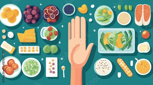 Visual guide for portion control with human hand as reference beside different food items, clean vector layout and health markers