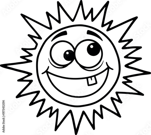 Whimsical cartoon sun with a big grin and a missing tooth