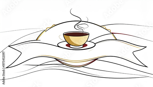 Coffee Cup Illustration with Ribbon and Steam on White Background.