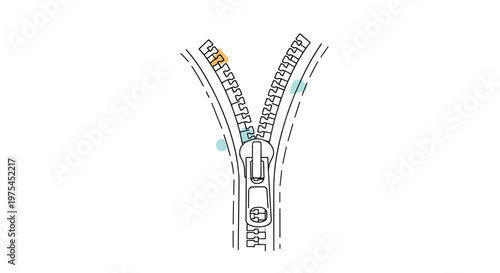 Partially open zipper showing its interlocking teeth and pull tab with decorative blue and orange color highlights.