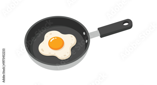 Single fried egg with a bright yellow yolk cooking in a modern black frying pan for a breakfast food theme.