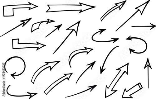 Collection of hand drawn doodle arrows in various directions and styles