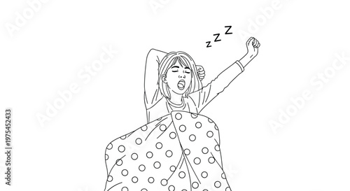 Young woman wakes up in the morning yawning and stretching her arms while lying in bed under a polka dot patterned blanket.