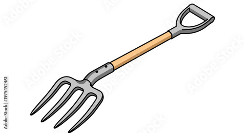 Garden pitchfork with four sharp tines and a sturdy wooden handle is shown as a useful tool for agricultural and yard work.