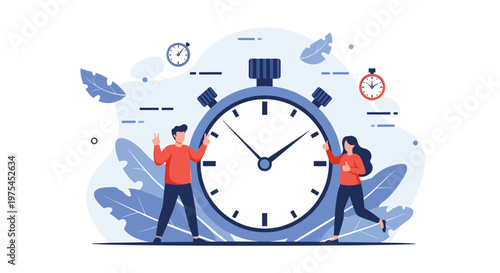 Man and woman stand next to a giant blue stopwatch timer with floating leaves and smaller clocks indicating time management.