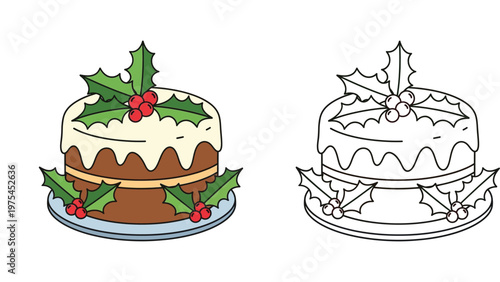 Traditional Christmas cake with holly berries vector illustration, featuring a flat colored version and a black and white line art template for a coloring book page.