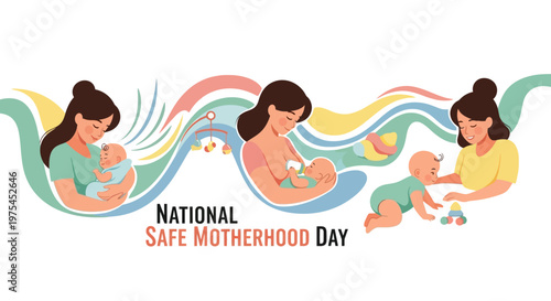 Collection of motherhood illustrations supporting National Safe Motherhood Day, showing mothers cradling newborns in varied artistic designs set against white backgrounds with pastel colors
