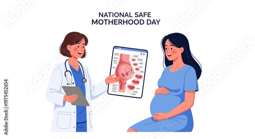 A doctor is explaining pregnancy stages using a chart for maternal health awareness during National Safe Motherhood Day in an illustration with a clean white background, conveying a caring