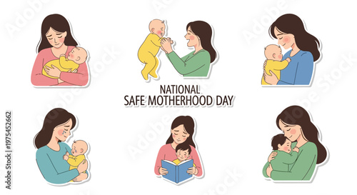 A set of motherhood illustrations showcases a mother tenderly holding her baby, engaging with the child, and reading, presented with soft pastel colors against a clean white backdrop