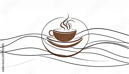 Coffee cup illustration with steam and wavy lines design.