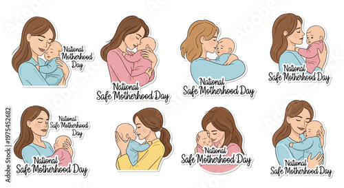 A collection of maternal health awareness illustrations depicting mothers lovingly cradling their babies in a soft, nurturing color palette, set against a clean white background