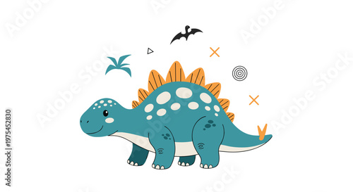 Friendly blue stegosaurus dinosaur with orange back plates and spots smiles happily among various geometric shapes and icons.