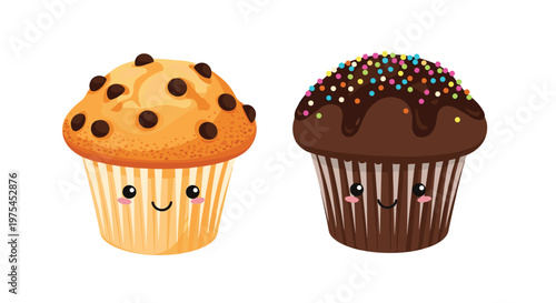 Two adorable cupcakes with cute faces and sprinkles feature one golden muffin with chocolate chips and one chocolate cupcake.