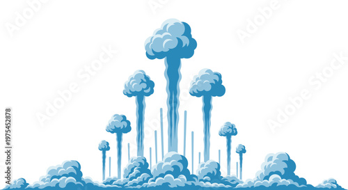 Multiple blue smoke plumes or mushroom clouds of varying heights rise from the ground against a clean white background.