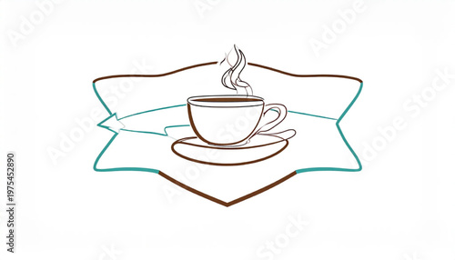 Coffee cup illustration within a decorative frame, steaming hot beverage.